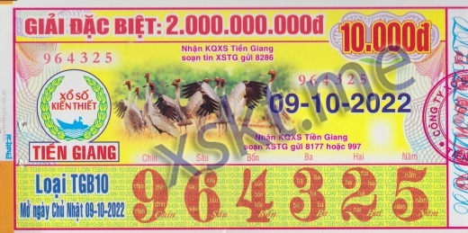 Mẫu vé sô xổ số Tiền Giang ngày 9/10/2022