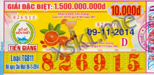 Mẫu vé sô xổ số Tiền Giang ngày 9/11/2014