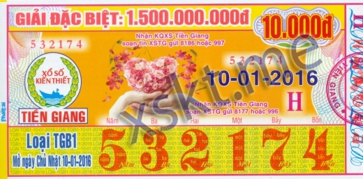 Mẫu vé sô xổ số Tiền Giang ngày 10/1/2016