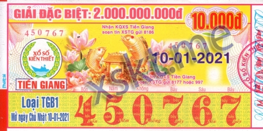 Mẫu vé sô xổ số Tiền Giang ngày 10/1/2021
