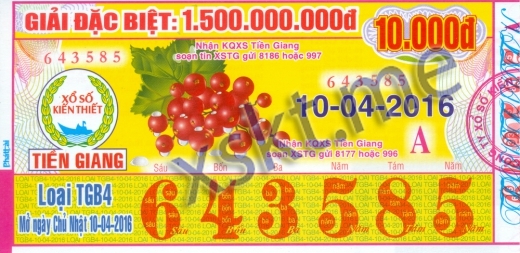 Mẫu vé sô xổ số Tiền Giang ngày 10/4/2016