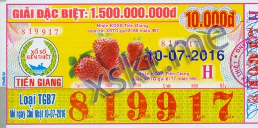 Mẫu vé sô xổ số Tiền Giang ngày 10/7/2016