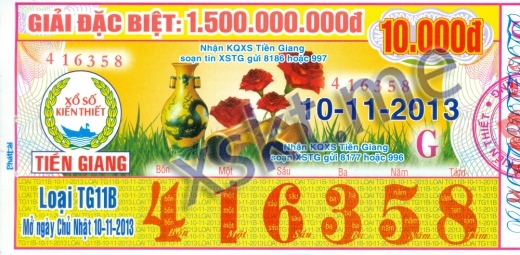 Mẫu vé sô xổ số Tiền Giang ngày 10/11/2013