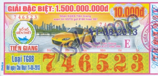 Mẫu vé sô xổ số Tiền Giang ngày 11/8/2013
