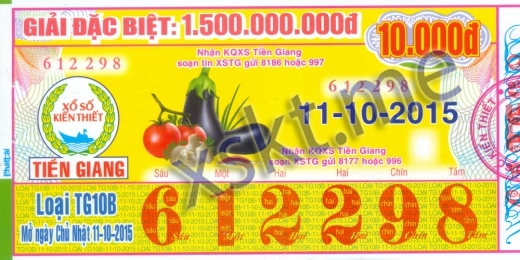 Mẫu vé sô xổ số Tiền Giang ngày 11/10/2015