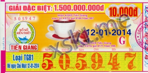 Mẫu vé sô xổ số Tiền Giang ngày 12/1/2014