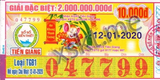 Mẫu vé sô xổ số Tiền Giang ngày 12/1/2020
