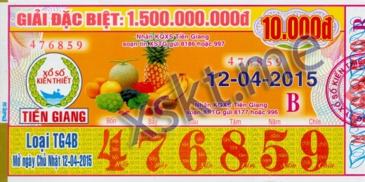 Mẫu vé sô xổ số Tiền Giang ngày 12/4/2015