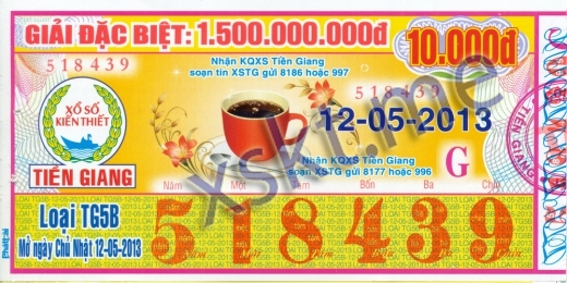 Mẫu vé sô xổ số Tiền Giang ngày 12/5/2013