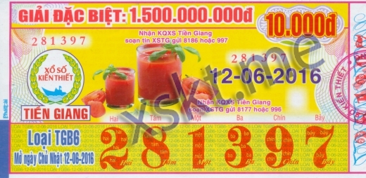 Mẫu vé sô xổ số Tiền Giang ngày 12/6/2016