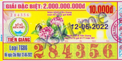 Mẫu vé sô xổ số Tiền Giang ngày 12/6/2022