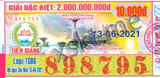 Mẫu vé sô xổ số Tiền Giang ngày 13/6/2021