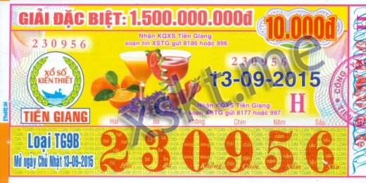 Mẫu vé sô xổ số Tiền Giang ngày 13/9/2015