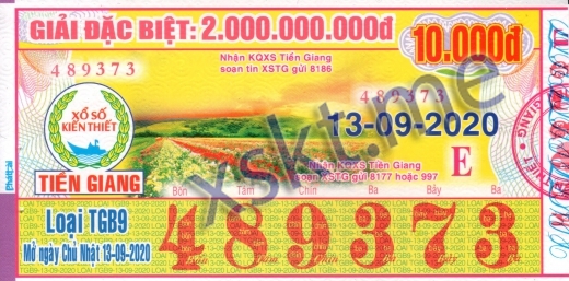 Mẫu vé sô xổ số Tiền Giang ngày 13/9/2020