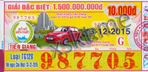 Mẫu vé sô xổ số Tiền Giang ngày 13/12/2015