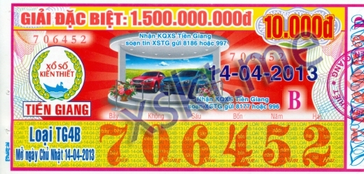 Mẫu vé sô xổ số Tiền Giang ngày 14/4/2013