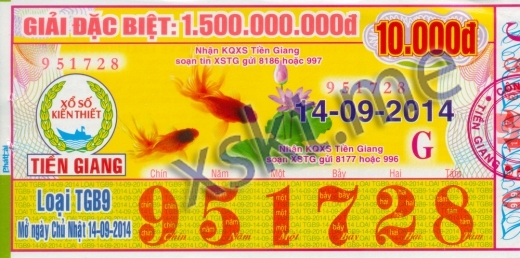 Mẫu vé sô xổ số Tiền Giang ngày 14/9/2014