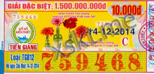 Mẫu vé sô xổ số Tiền Giang ngày 14/12/2014