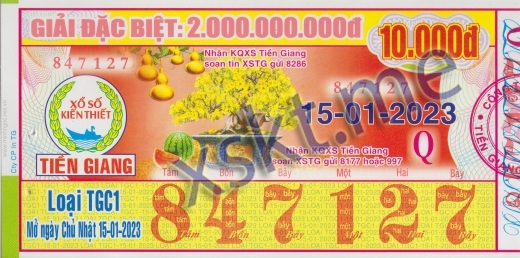 Mẫu vé sô xổ số Tiền Giang ngày 15/1/2023