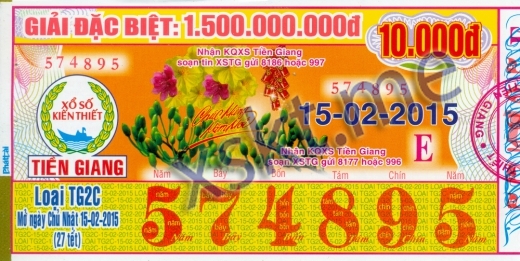 Mẫu vé sô xổ số Tiền Giang ngày 15/2/2015