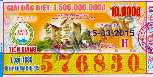 Mẫu vé sô xổ số Tiền Giang ngày 15/3/2015