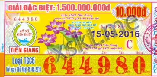 Mẫu vé sô xổ số Tiền Giang ngày 15/5/2016