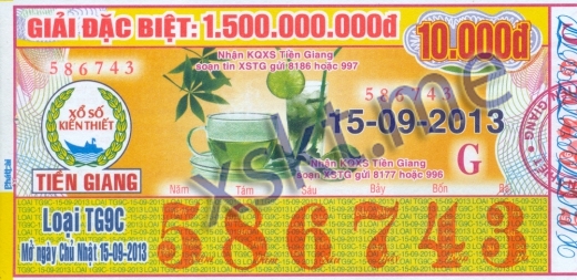 Mẫu vé sô xổ số Tiền Giang ngày 15/9/2013