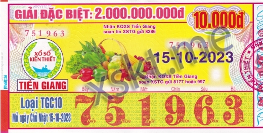 Mẫu vé sô xổ số Tiền Giang ngày 15/10/2023