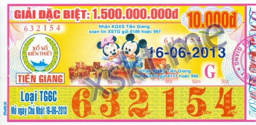 Mẫu vé sô xổ số Tiền Giang ngày 16/6/2013