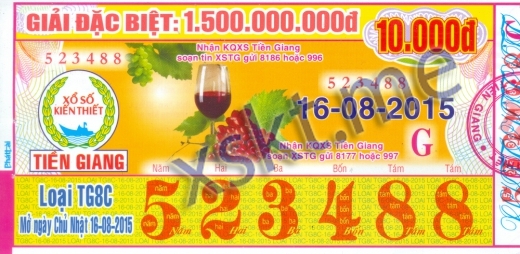 Mẫu vé sô xổ số Tiền Giang ngày 16/8/2015