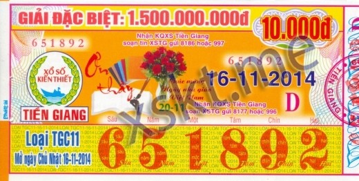 Mẫu vé sô xổ số Tiền Giang ngày 16/11/2014