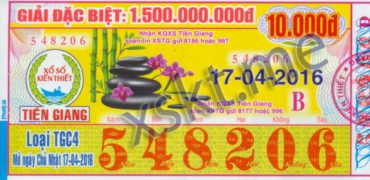 Mẫu vé sô xổ số Tiền Giang ngày 17/4/2016