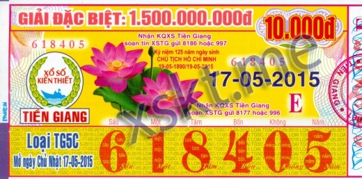 Mẫu vé sô xổ số Tiền Giang ngày 17/5/2015