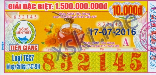Mẫu vé sô xổ số Tiền Giang ngày 17/7/2016