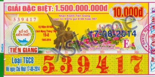 Mẫu vé sô xổ số Tiền Giang ngày 17/8/2014