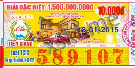 Mẫu vé sô xổ số Tiền Giang ngày 18/1/2015