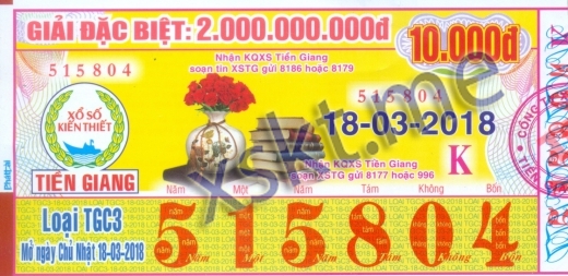 Mẫu vé sô xổ số Tiền Giang ngày 18/3/2018