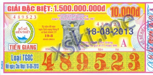 Mẫu vé sô xổ số Tiền Giang ngày 18/8/2013