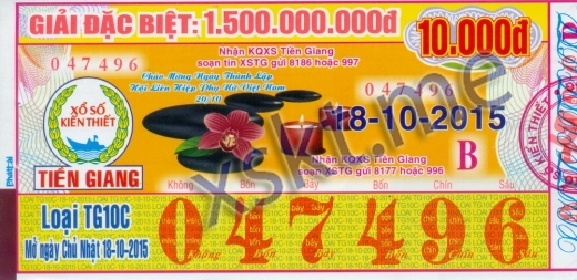 Mẫu vé sô xổ số Tiền Giang ngày 18/10/2015