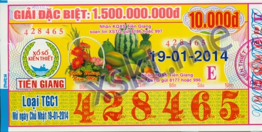 Mẫu vé sô xổ số Tiền Giang ngày 19/1/2014