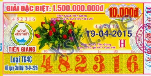 Mẫu vé sô xổ số Tiền Giang ngày 19/4/2015