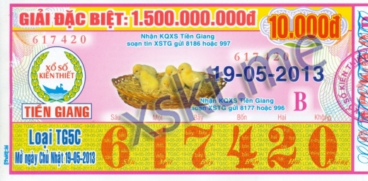 Mẫu vé sô xổ số Tiền Giang ngày 19/5/2013