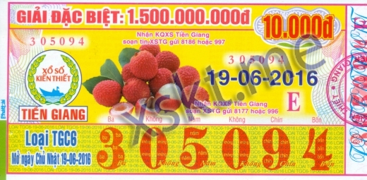 Mẫu vé sô xổ số Tiền Giang ngày 19/6/2016