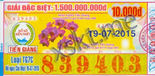 Mẫu vé sô xổ số Tiền Giang ngày 19/7/2015