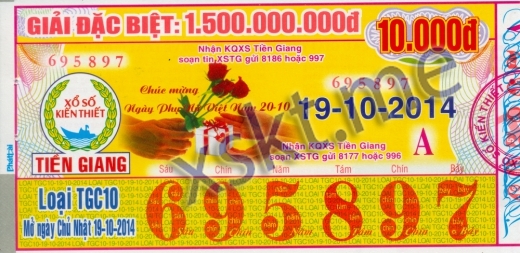 Mẫu vé sô xổ số Tiền Giang ngày 19/10/2014