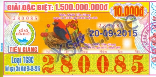 Mẫu vé sô xổ số Tiền Giang ngày 20/9/2015