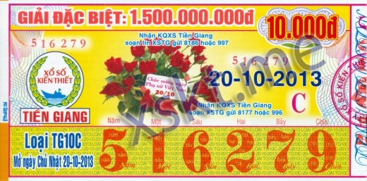 Mẫu vé sô xổ số Tiền Giang ngày 20/10/2013