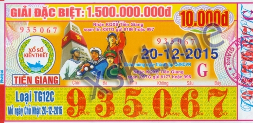 Mẫu vé sô xổ số Tiền Giang ngày 20/12/2015
