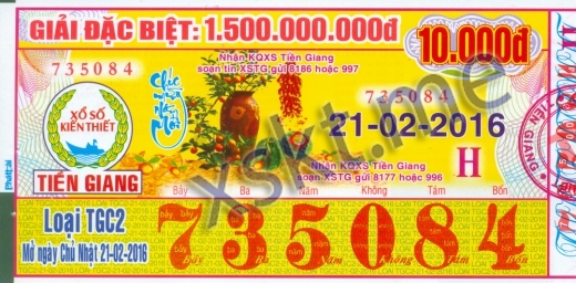 Mẫu vé sô xổ số Tiền Giang ngày 21/2/2016