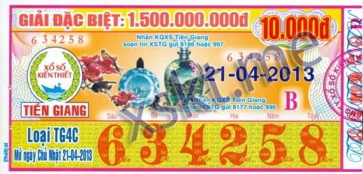 Mẫu vé sô xổ số Tiền Giang ngày 21/4/2013